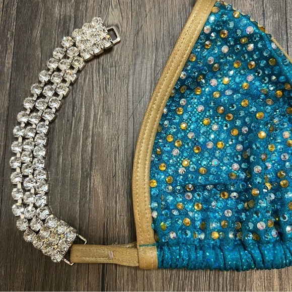 Competition Bikini Suit Bodybuilding Gold Encrusted Rhinestone Blue Muscle Fit S - Picture 8 of 17